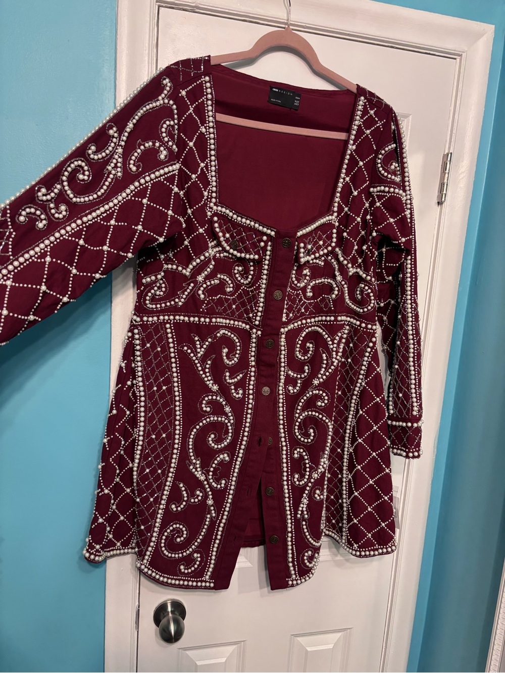 ASOS Curve Burgundy Beaded Long Sleeve Button-Front Dress